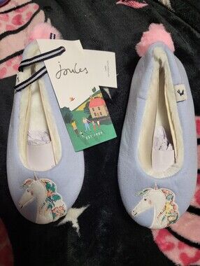 Joules Blue Unicorn Kids Slippers with Pink Pom